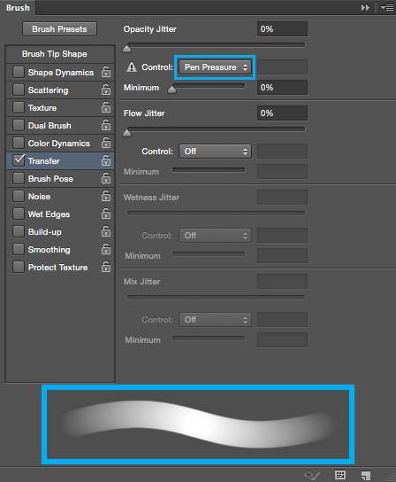 Pen Pressure has been enabled for Opacity Jitter in the Transfer tab