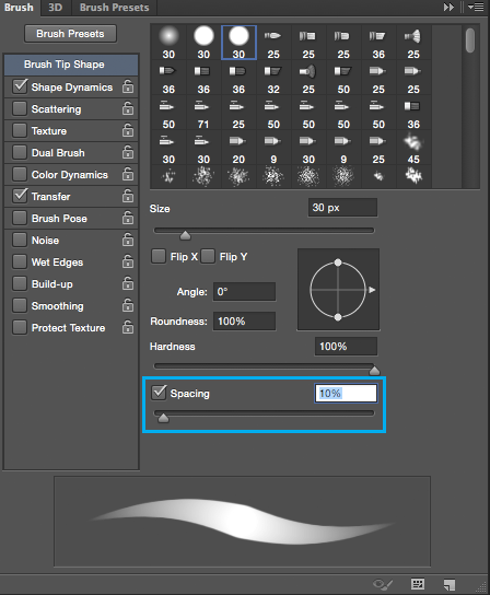 Setting the brush spacing