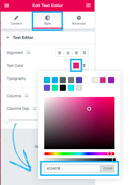 Selecting color and CSS color code in Elementor.