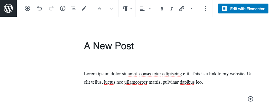 Entering the hyperlink text into the WordPress Gutenberg Block Editor.