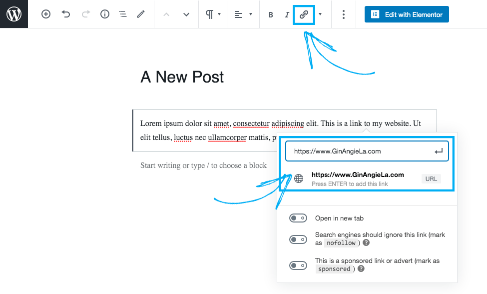 Adding the hyperlink target in the WordPress Gutenberg Block Editor.