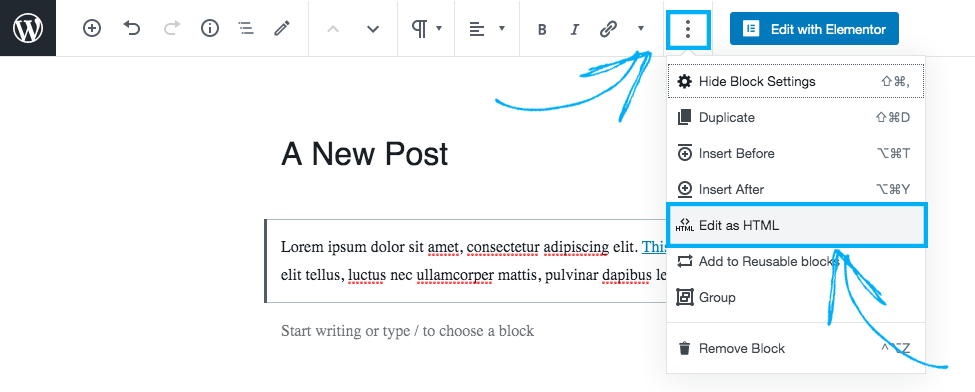 Switching to Source Code View in the Gutenberg Block Editor.