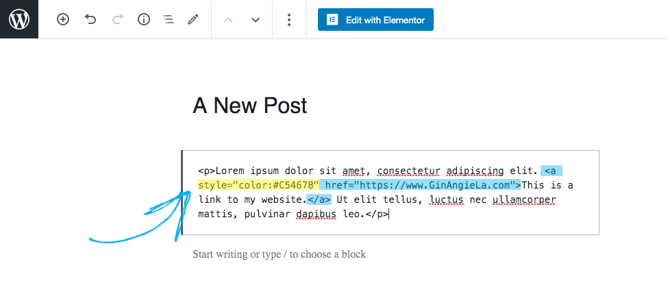 Inserting the CSS color code for a link in the WordPress Gutenberg Editor.