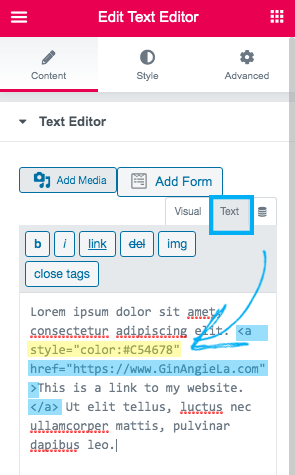 Inserting the CSS color code for a link in Elementor.