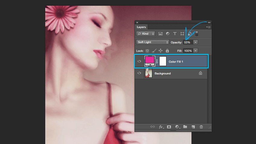 Adjusting the temperature in Photoshop with a Solid Color Adjustment Layer in Soft Light.