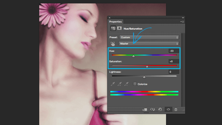 Creating warm tones in Photoshop by changing Hue and Saturation.