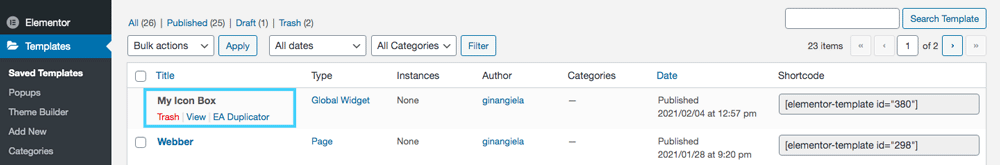 Deleting a Global Widget from the Saved Templates section in the WordPress dashboard