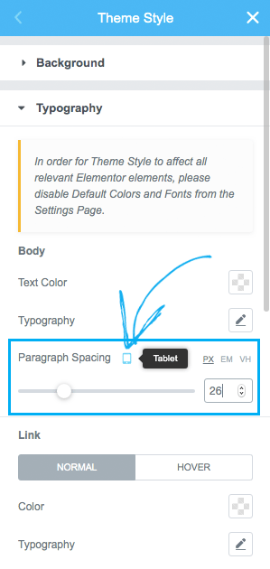 Elementor also allows you to set specific paragraph spacing values for different devices