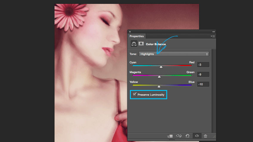 Fine-tuning the Color Balance Highlights to warm skin tones in Photoshop.
