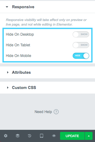 Hiding elements and sections for different modes