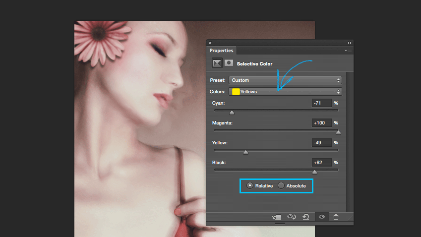 Starting to warm skin tones in Photoshop with the Yellow color selector.