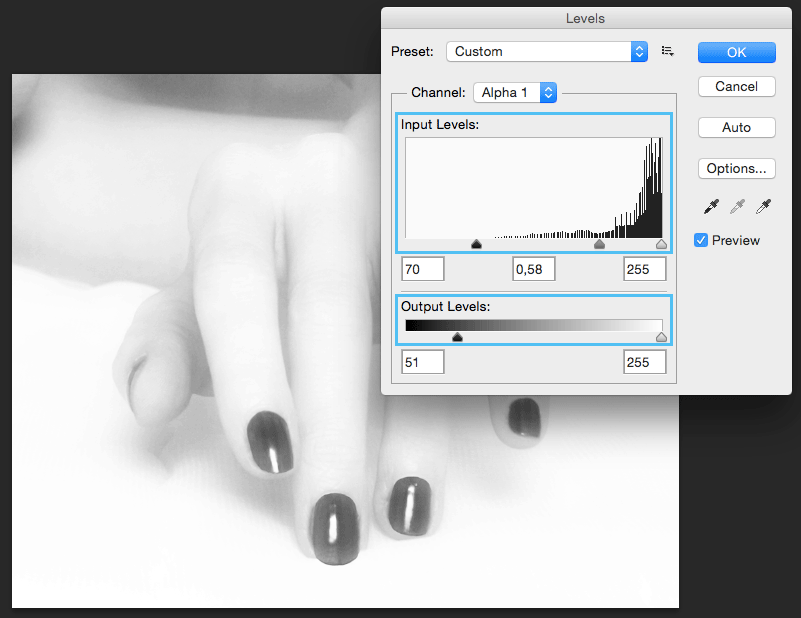 upping the Black and Gray sliders of the Input Levels