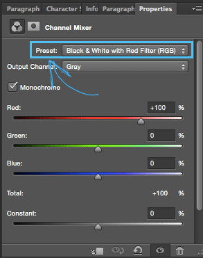 set the Preset mode to 'Black & White with Red Filter (RGB)'