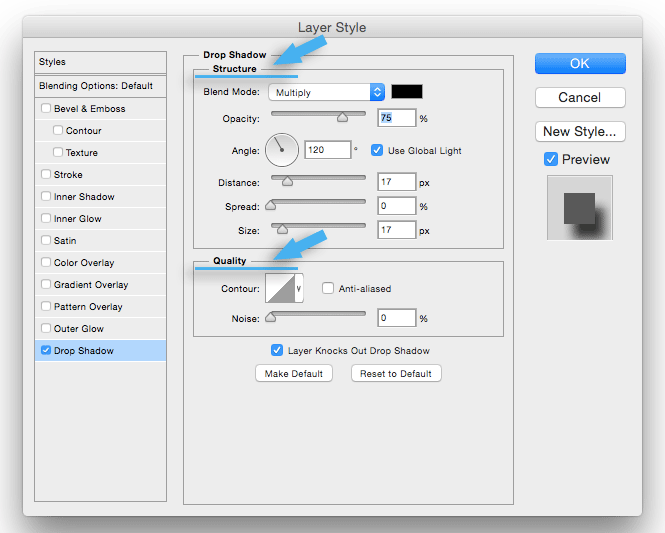 CENTER SECTION of the Layer Style Dialog Box in Photoshop
