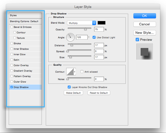 LEFT SECTION of the Layer Style Dialog Box in Photoshop
