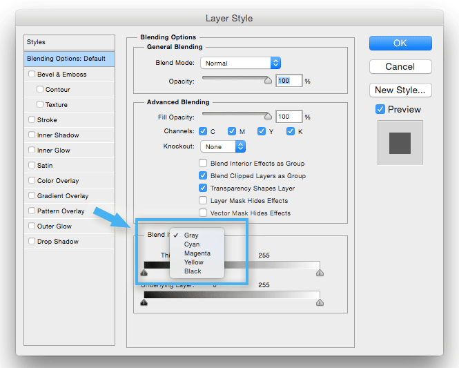 Layer Style Dialog Box Photoshop – Blend If CMYK