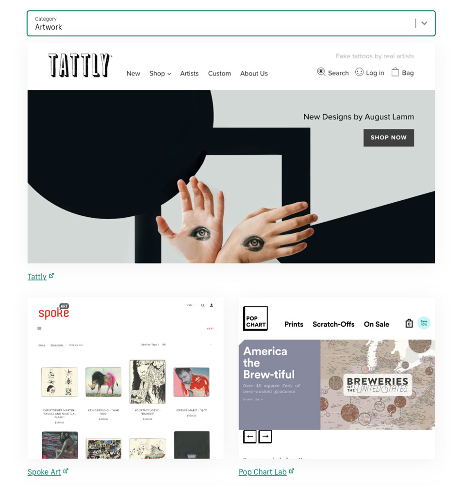 A selection of Shopify's online store website templates for artwork.