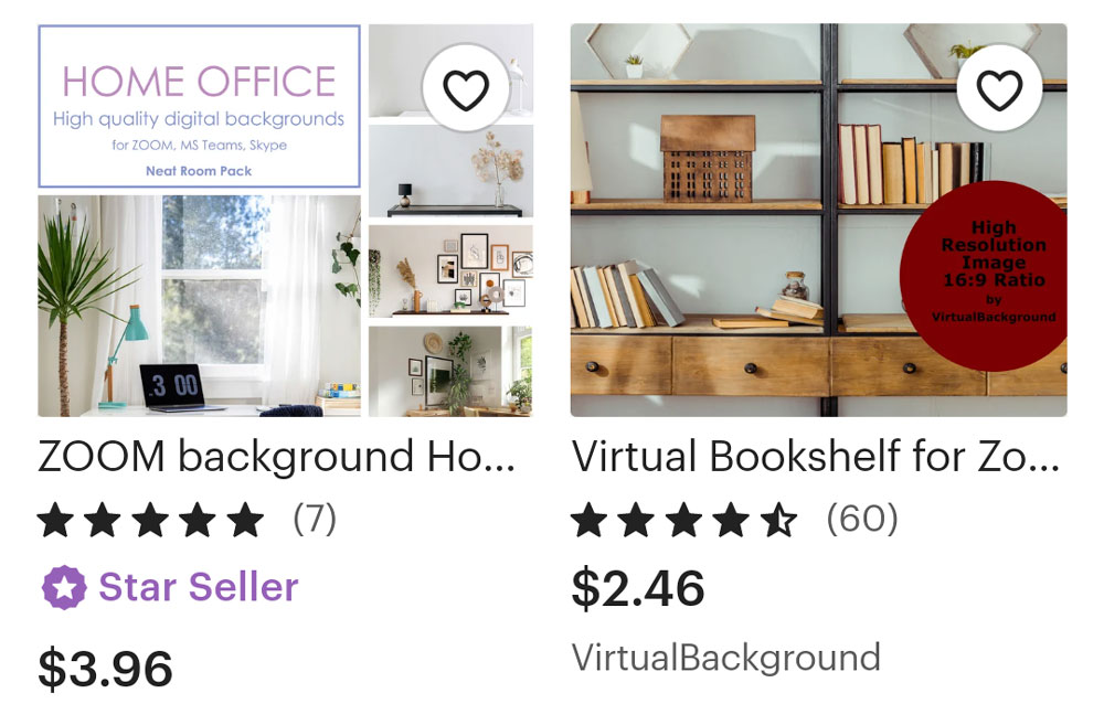 Two examples of Zoom backgrounds you can buy on Etsy.
