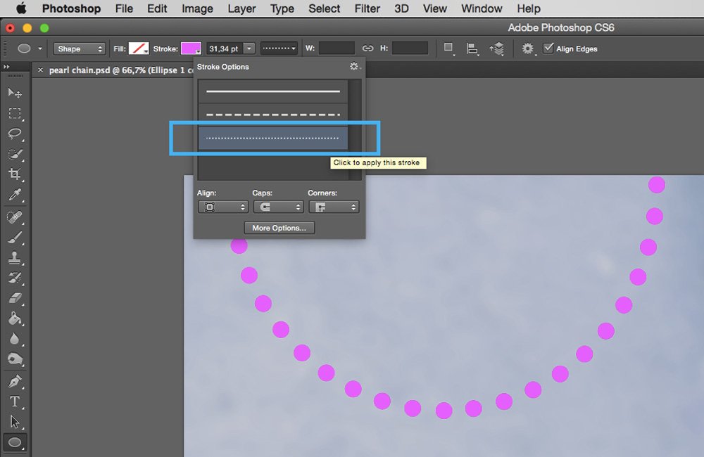 Select a dotted line for stroke type to create a pearl chain in Photoshop.