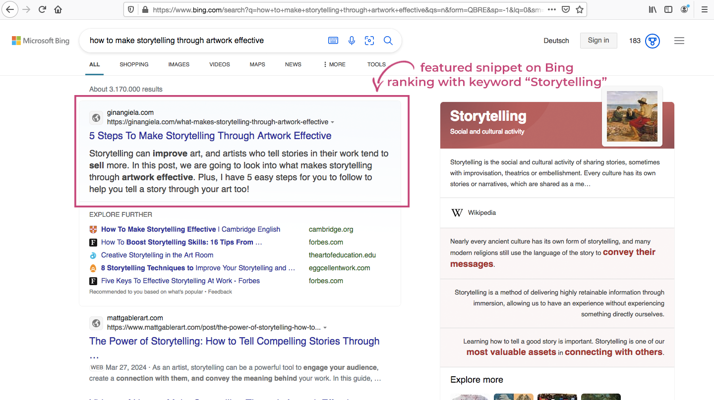 Featured snippet on Bing (What makes storytelling through artwork effective?)