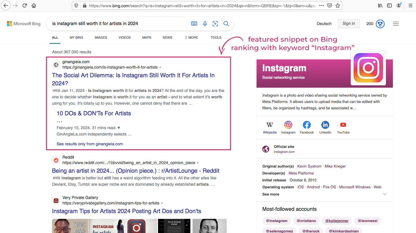 Featured snippet on Bing (Is Instagram still worth it for artists?)