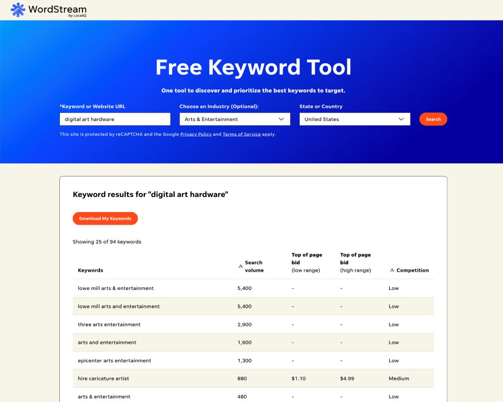 WordStream free keyword tool