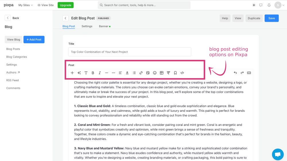 Pixpa blog post editing options