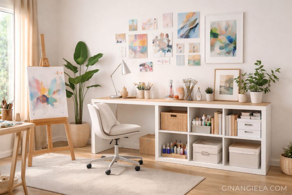 art studio with cube storage shelves