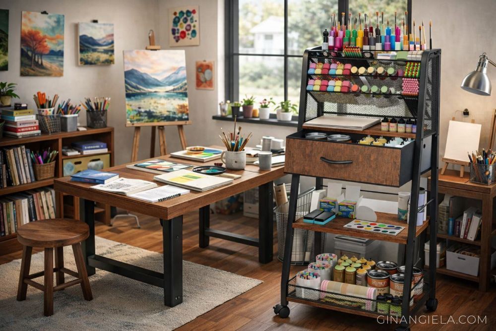 art studio with craft storage cabinet