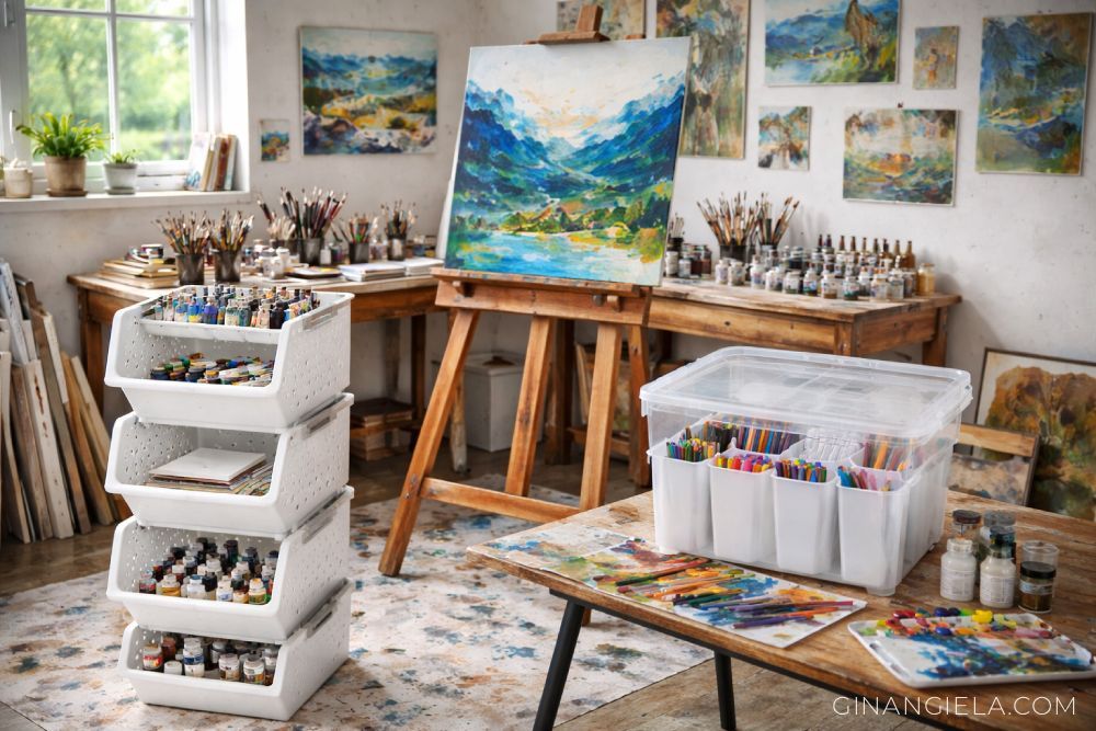 art studio with storage boxes