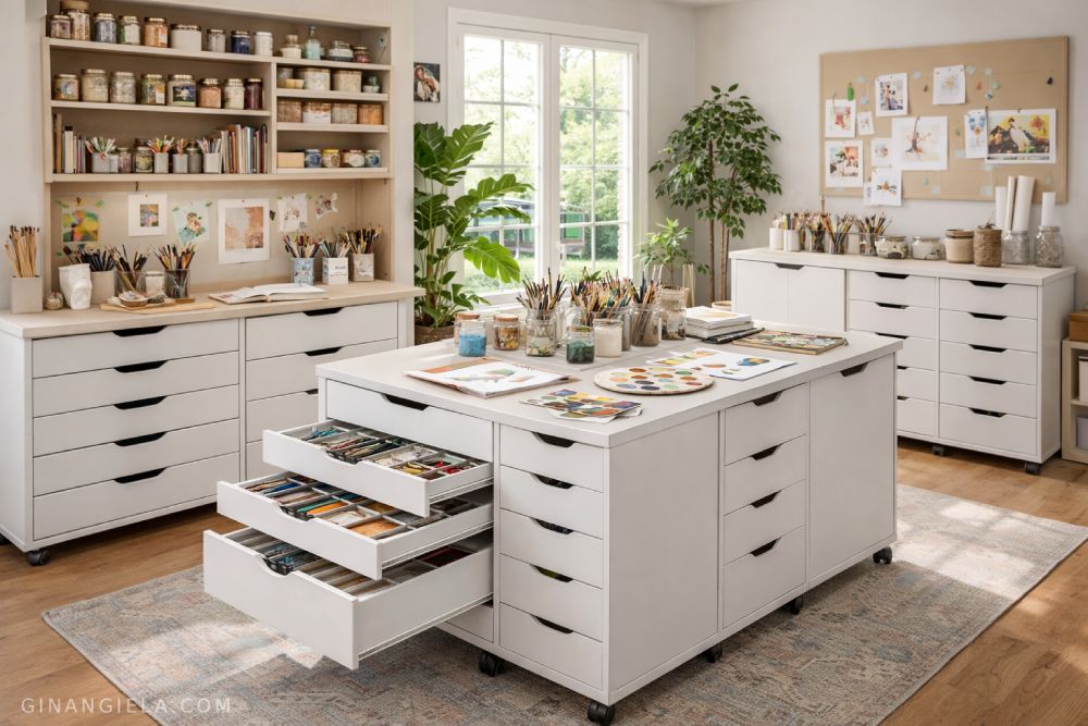 Cabinets with drawers for storing art supplies