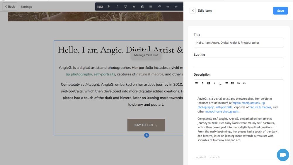 Pixpa drap-and-drop editor
