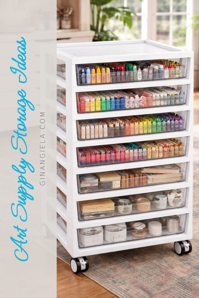 Transparent cabinet with drawers for art supply storage