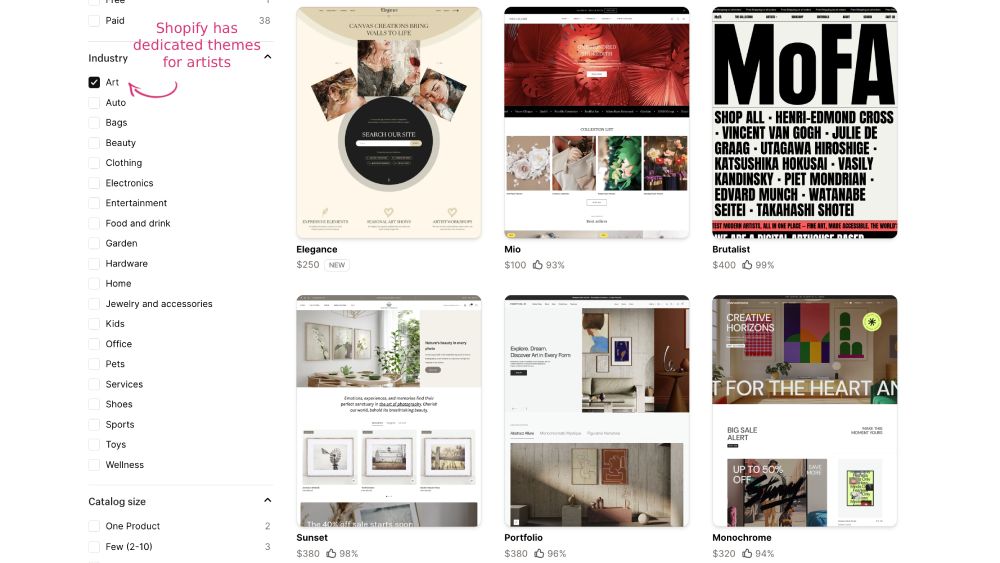 Shopify has a dedicated category for Art themes that currently features around 40 options to choose from. 