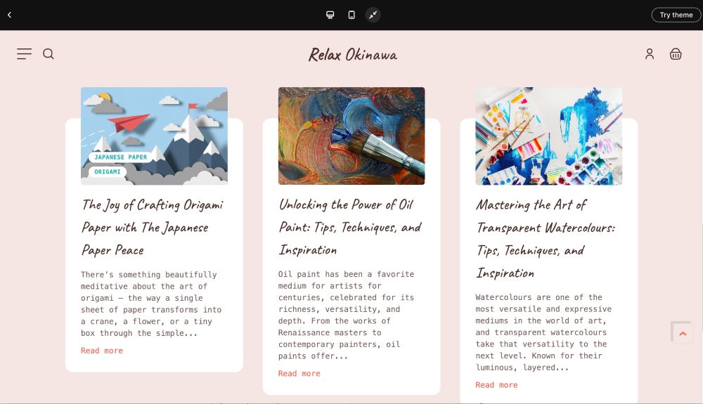 The Okinawa theme comes with a beautiful pre-designed blog for artists.