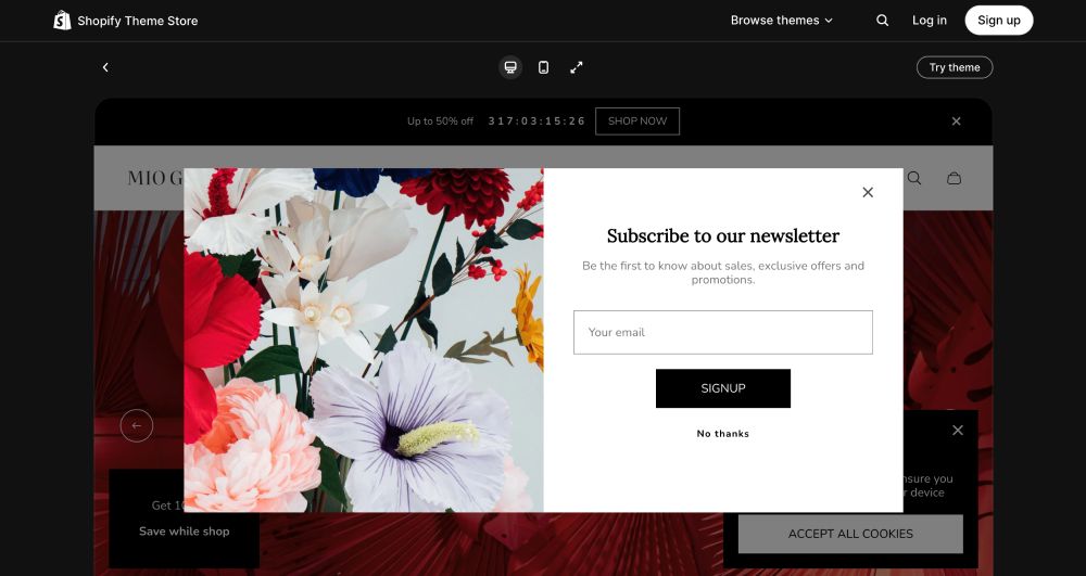 Ready-made newsletter opt-ins pop up when visitors land on your page. Here an example of the Mio theme.