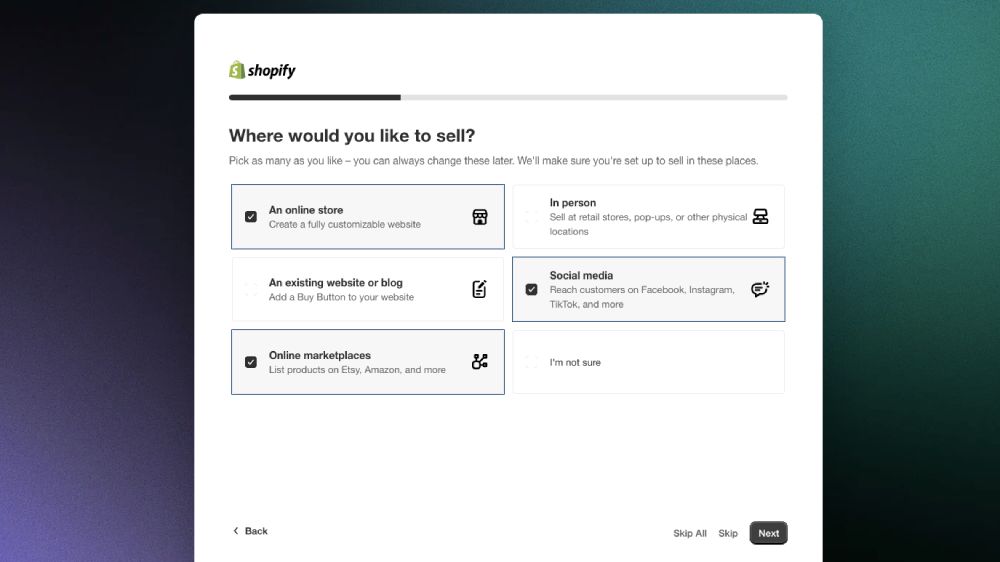 Shopify's onboarding process is simple and straightforward, starting with a questionnaire on how you want to sell.