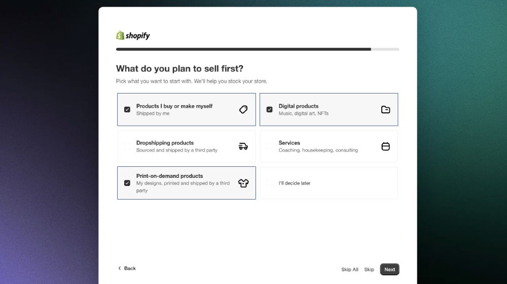 You can pick what type of products you're planning to sell—or skip the questionnaire partially or completely.