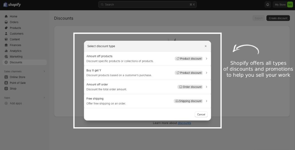 Shopify lets you create all types of sophisticated discount and promo codes to boost sales in your art shop.