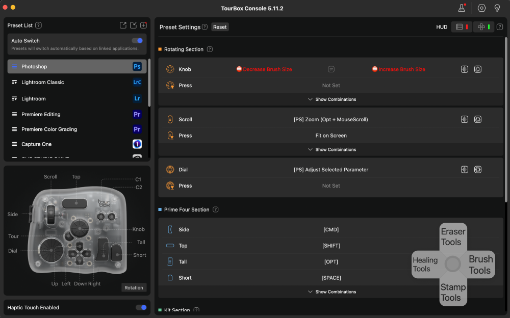 Each of the 14 buttons and dials can be mapped to different functions in the control center.