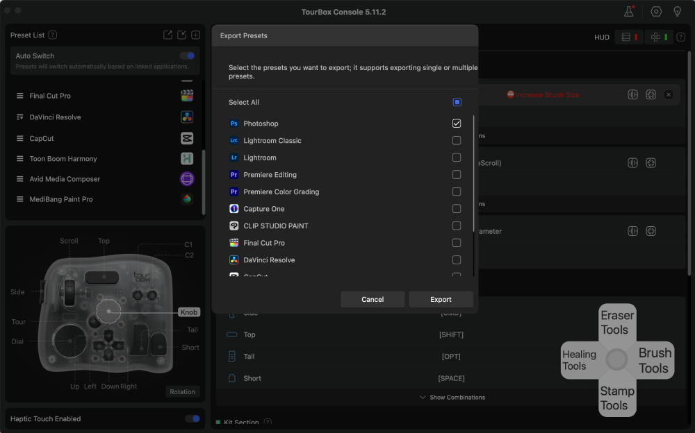 You can import and export presets for the many popular apps.