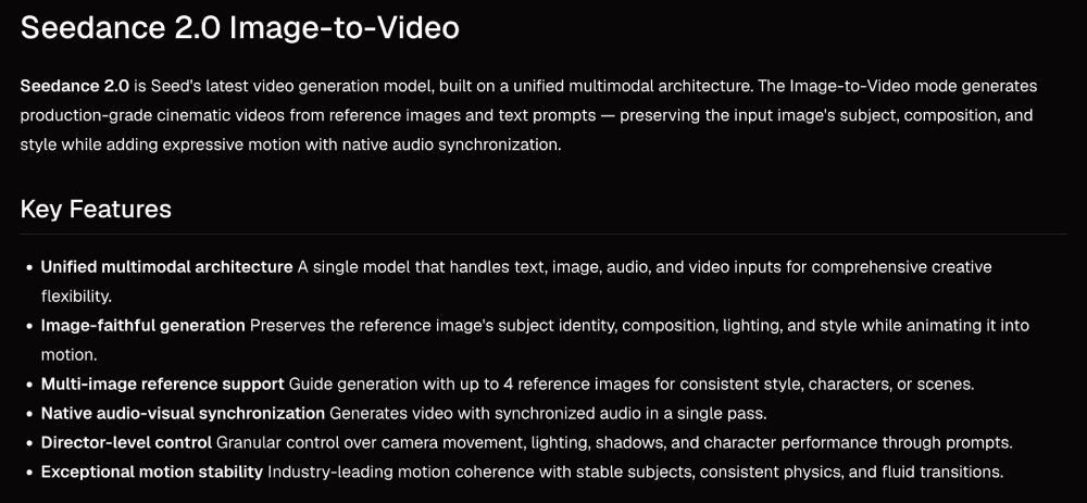 Screenshot of Seedance 2.0 image-to-video generator key features