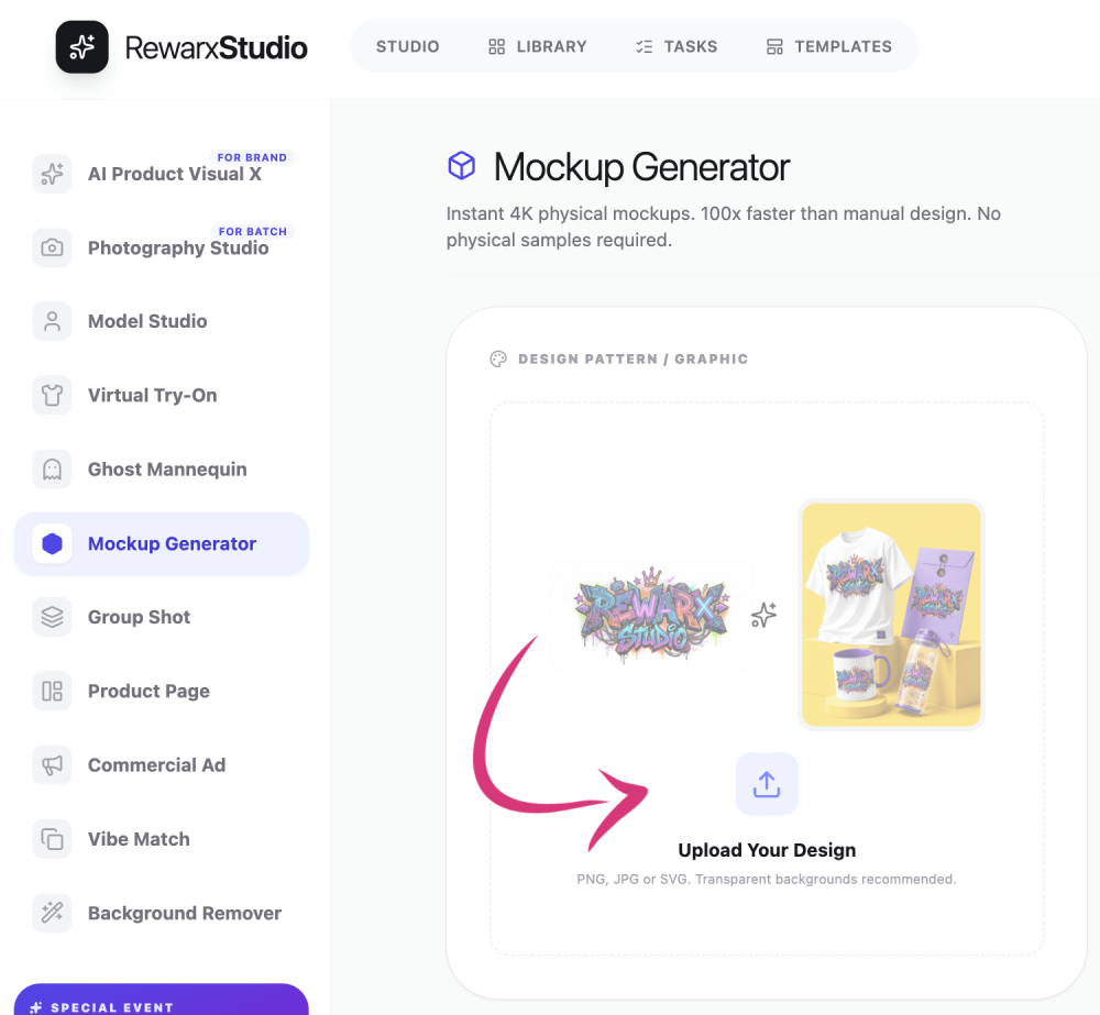 upload your artwork to the mockup generator RewarxStudio