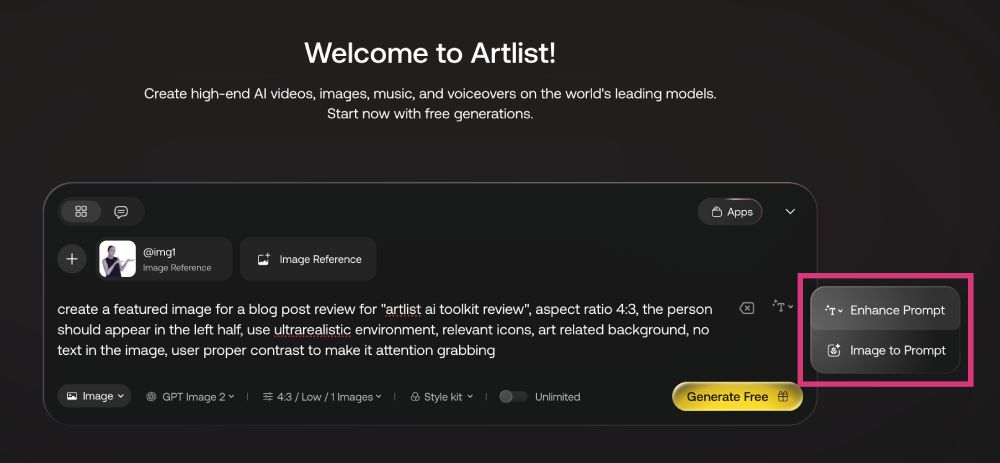 Artlist AI image generation