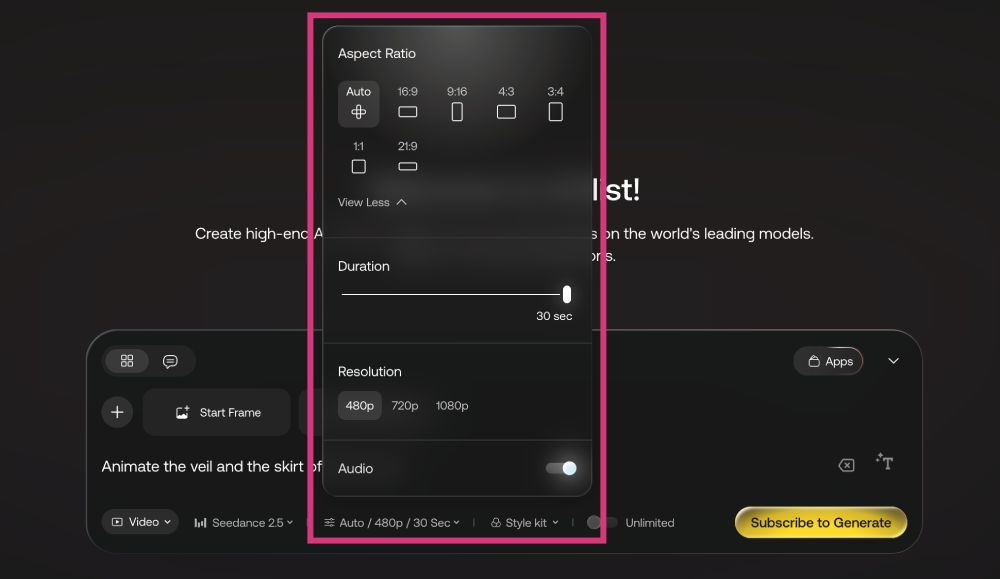 Artlist video generation output settings