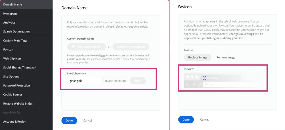 Adobe Portfolio offers a custom URL and lets you upload a favicon.