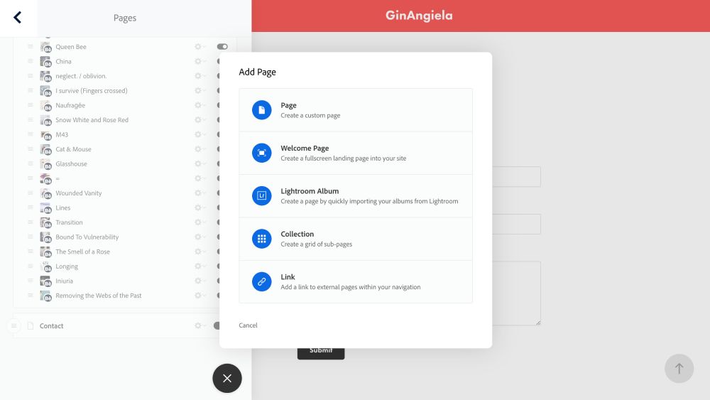 You can easily create new portfolio pages or a collection page with a click of the plus icon in the top-left corner of the screen.