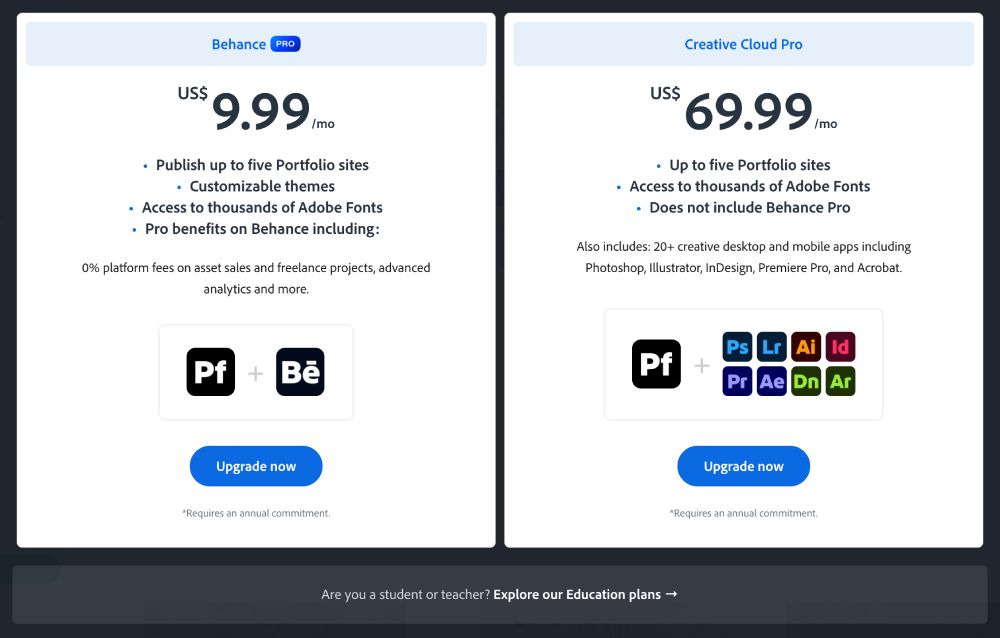 The most affordable option to get Adobe Portfolio is with the Behance Pro Plan.