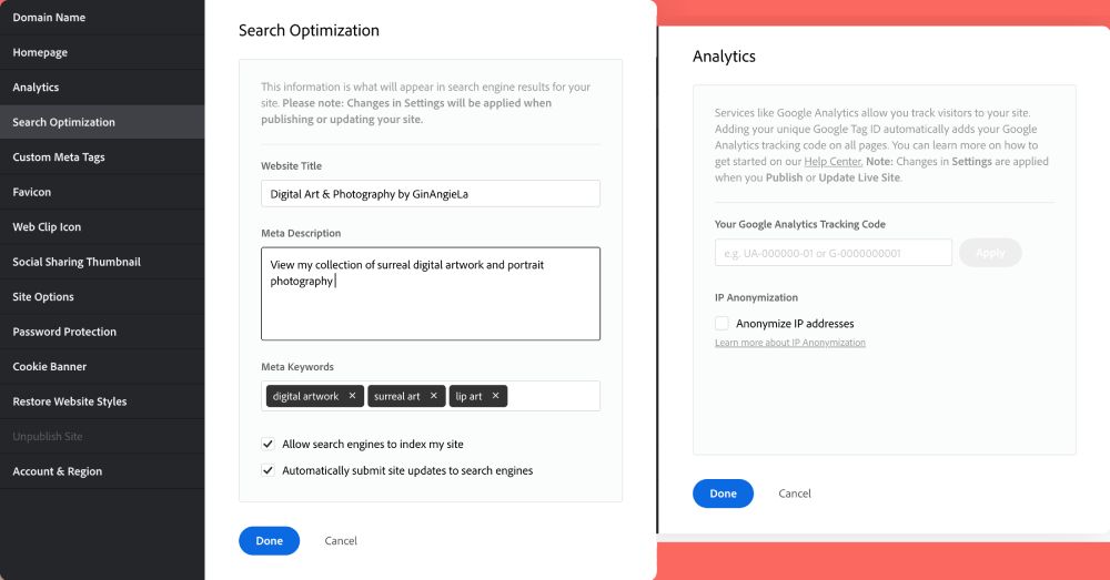 Adobe Portfolio offers search engine optimization tools and Google Analytics connection.