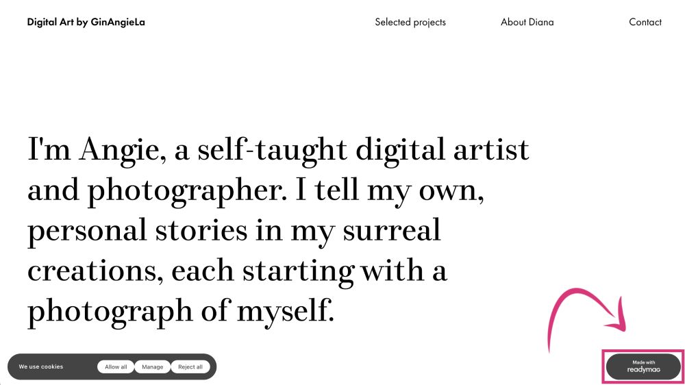 A free Readymag portfolio site has an unobstrusive brand logo in the bottom-right corner but comes with limited features.